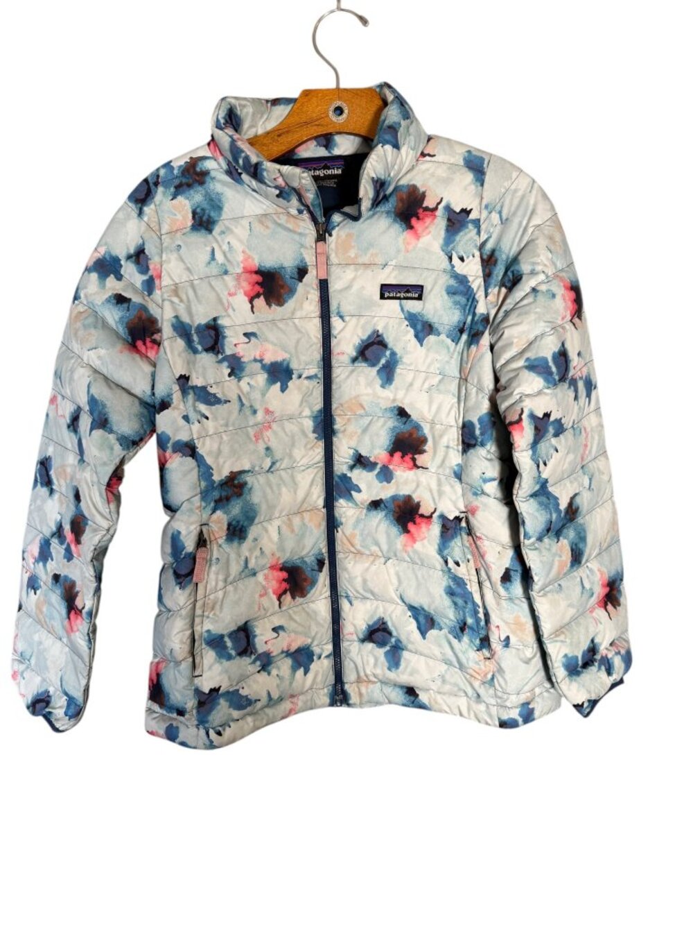 Patagonia Girls Down Puffer Jacket Watercolor Floral Print Blue XL